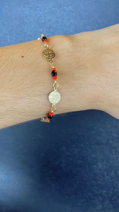 Womens San Benito Bracelet - Gold Filled Saint Benedictus Charm Black Red Beads