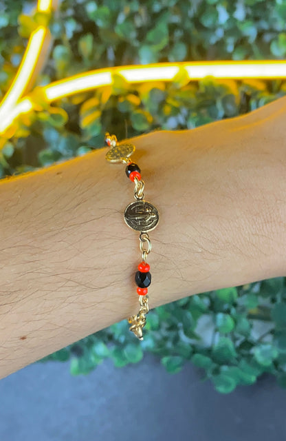 Womens San Benito Bracelet - Gold Filled Saint Benedictus Charm Black Red Beads