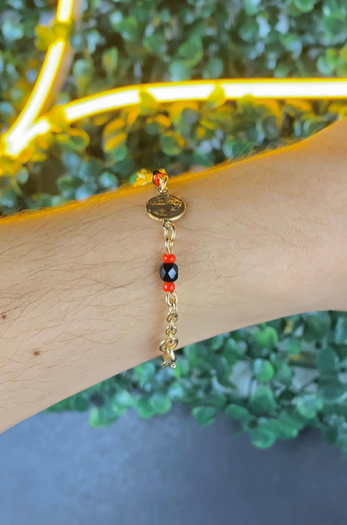 Womens San Benito Bracelet - Gold Filled Saint Benedictus Charm Black Red Beads
