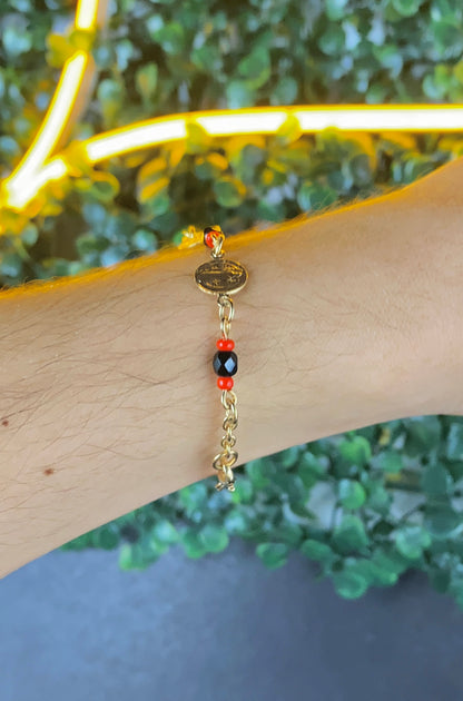 Womens San Benito Bracelet - Gold Filled Saint Benedictus Charm Black Red Beads