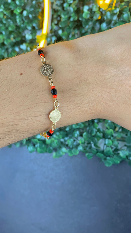 Womens San Benito Bracelet - Gold Filled Saint Benedictus Charm Black Red Beads