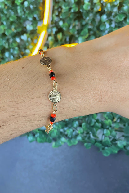 Womens San Benito Bracelet - Gold Filled Saint Benedictus Charm Black Red Beads