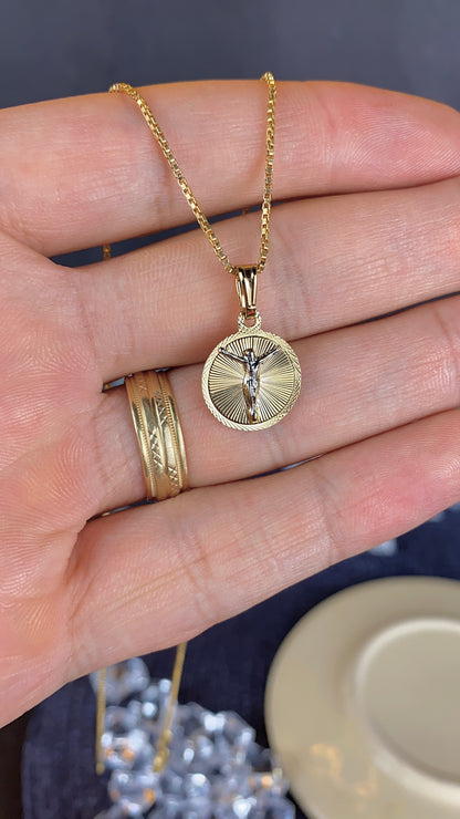 14K Gold Filled Round Jesus Necklace for Womens Box Link Chain 18"