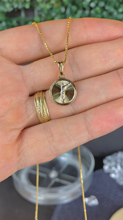 14K Gold Filled Round Jesus Necklace for Womens Box Link Chain 18"