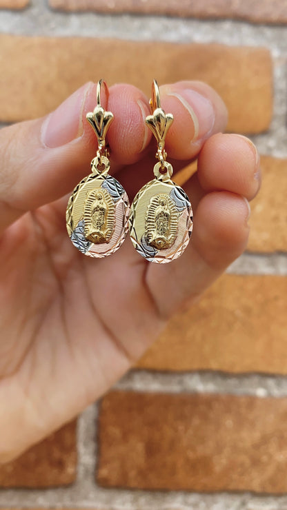 14K Gold Filled Dangling Earrings for Womens / Virgen de Guadalupe Earrings / Dangle Earrings Lever Back / Aretes Colgantes de la Virgen de Guadalupe