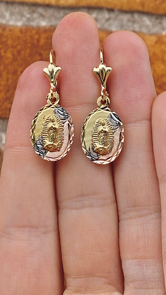 14K Gold Filled Dangling Earrings for Womens / Virgen de Guadalupe Earrings / Dangle Earrings Lever Back / Aretes Colgantes de la Virgen de Guadalupe