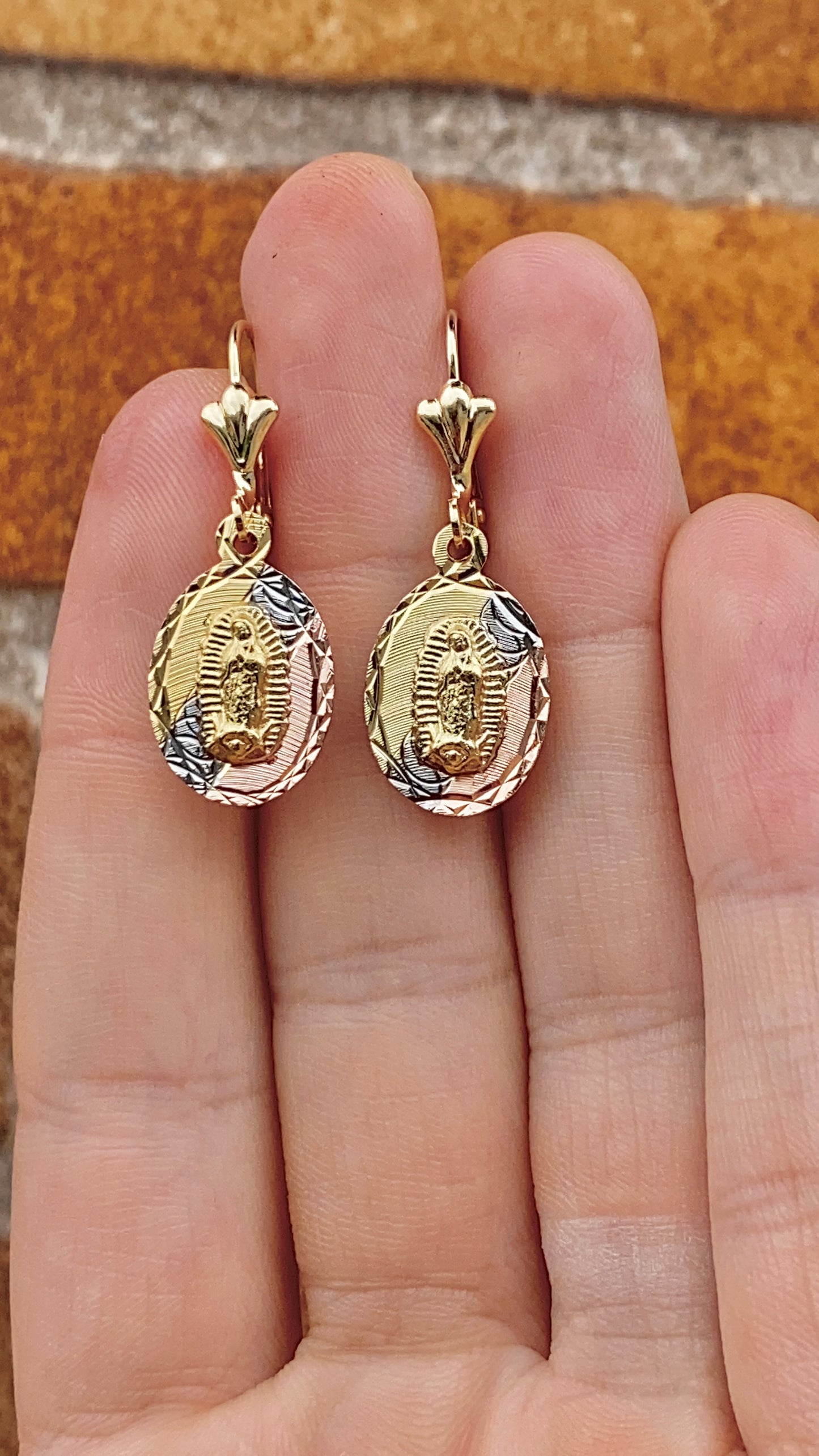 14K Gold Filled Dangling Earrings for Womens / Virgen de Guadalupe Earrings / Dangle Earrings Lever Back / Aretes Colgantes de la Virgen de Guadalupe