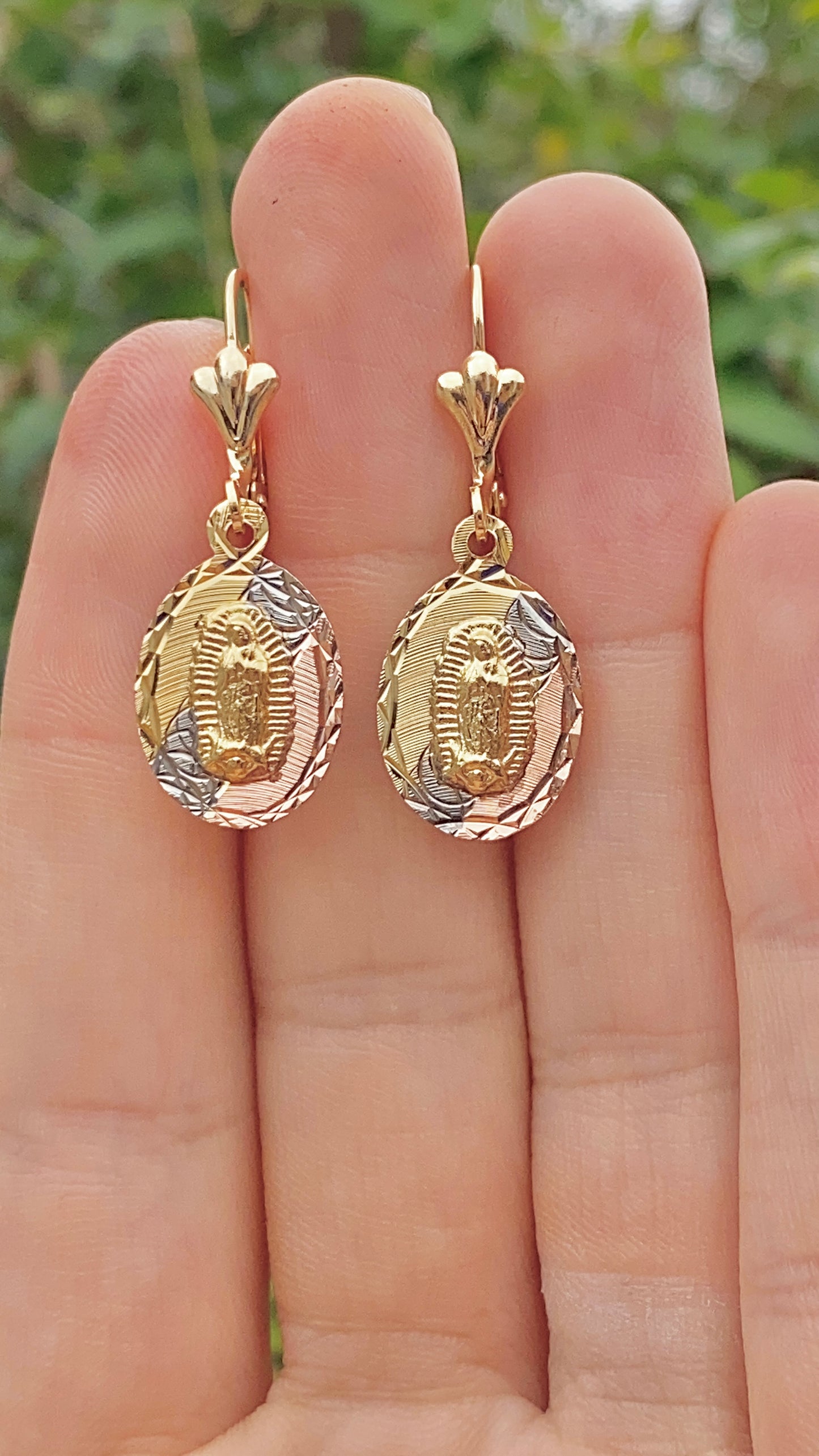 14K Gold Filled Dangling Earrings for Womens / Virgen de Guadalupe Earrings / Dangle Earrings Lever Back / Aretes Colgantes de la Virgen de Guadalupe