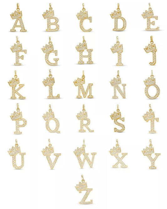 14k Yellow Gold Letters Pendants Initials / Crown Letter Pendant / CZ Initials