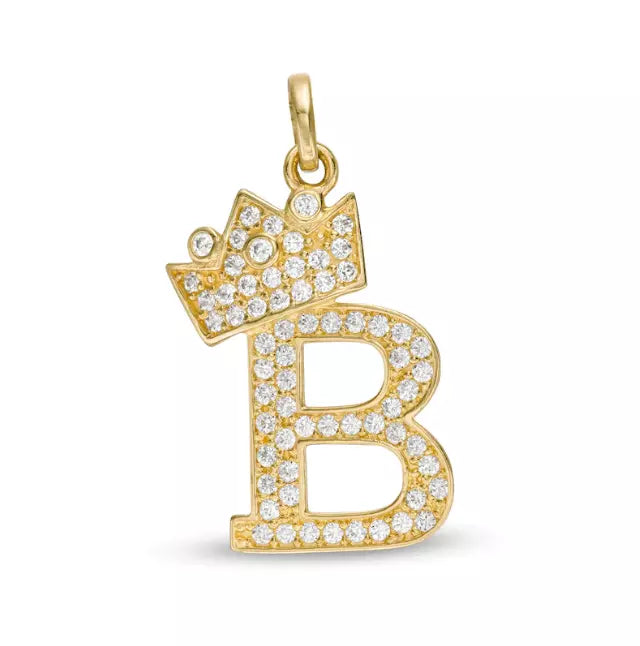 14k Yellow Gold Letters Pendants Initials / Crown Letter Pendant / CZ Initials