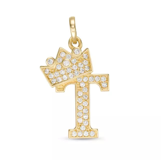 14k Yellow Gold Letters Pendants Initials / Crown Letter Pendant / CZ Initials