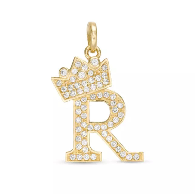 14k Yellow Gold Letters Pendants Initials / Crown Letter Pendant / CZ Initials