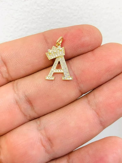 14k Yellow Gold Letters Pendants Initials / Crown Letter Pendant / CZ Initials