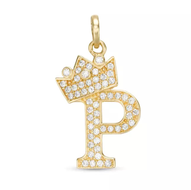 14k Yellow Gold Letters Pendants Initials / Crown Letter Pendant / CZ Initials