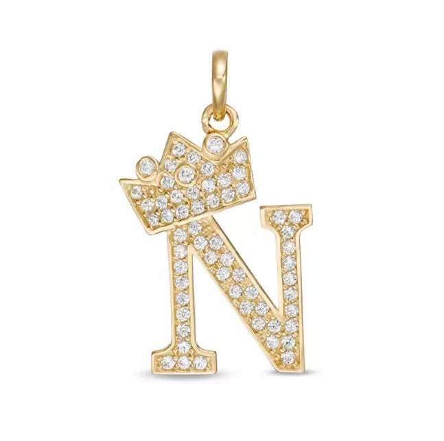 14k Yellow Gold Letters Pendants Initials / Crown Letter Pendant / CZ Initials