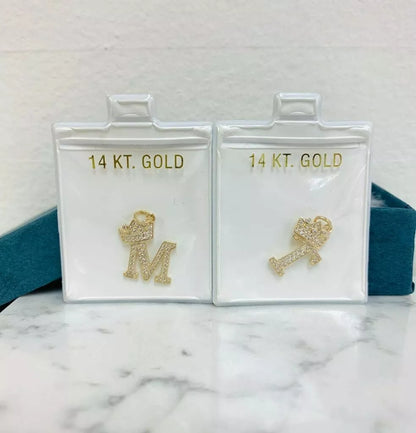 14k Yellow Gold Letters Pendants Initials / Crown Letter Pendant / CZ Initials