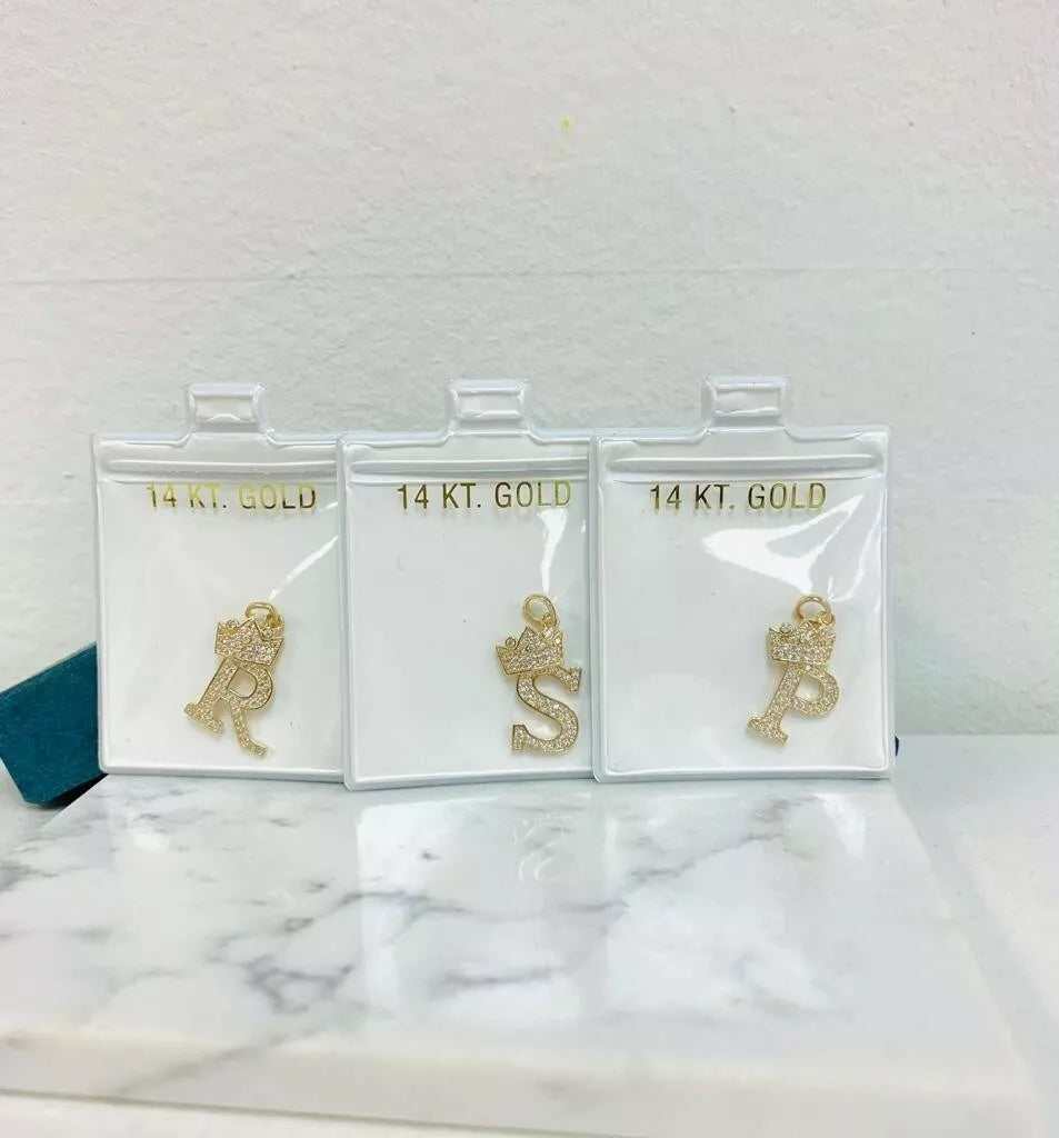 14k Yellow Gold Letters Pendants Initials / Crown Letter Pendant / CZ Initials
