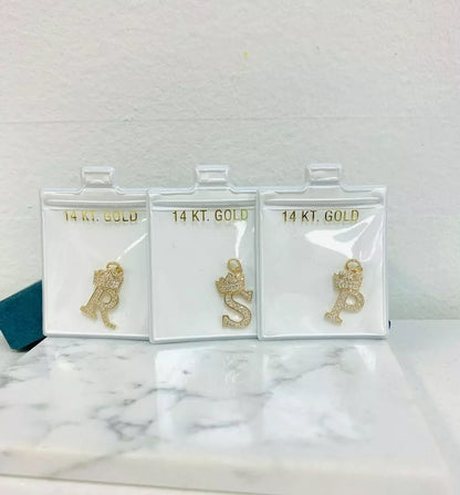14k Yellow Gold Letters Pendants Initials / Crown Letter Pendant / CZ Initials