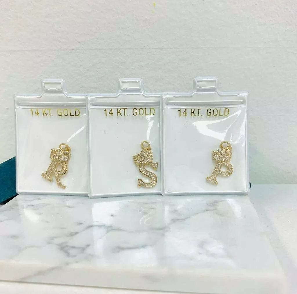 14k Yellow Gold Letters Pendants Initials / Crown Letter Pendant / CZ Initials
