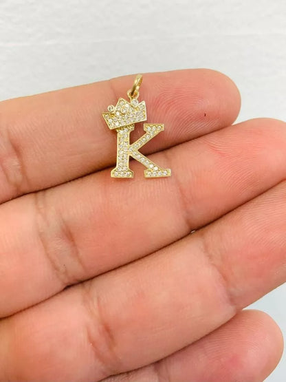 14k Yellow Gold Letters Pendants Initials / Crown Letter Pendant / CZ Initials