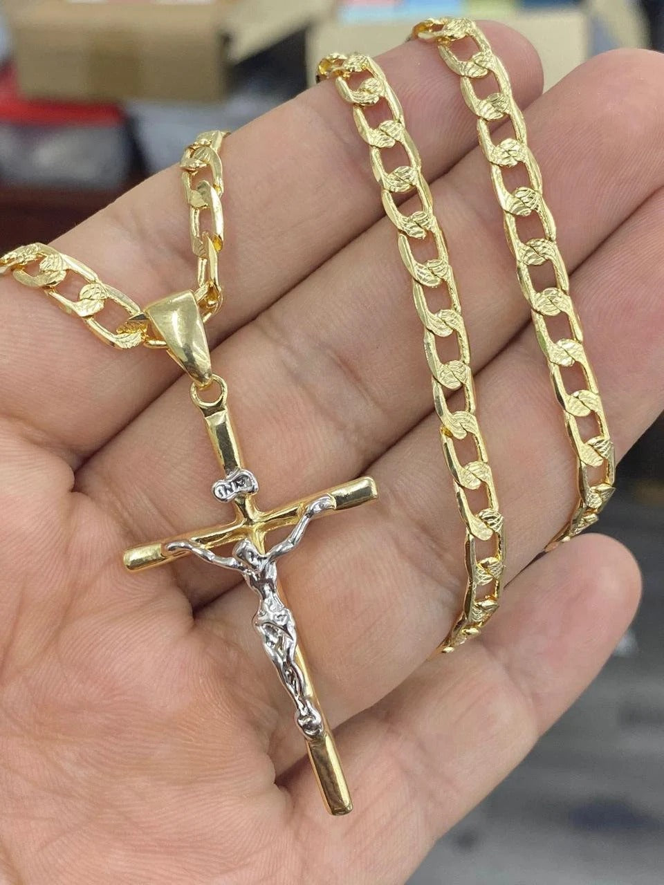 Big Cross Curb Chain Necklace 14K Pendant 24" Cadena de Cruz Jewelry Catholics For Mens