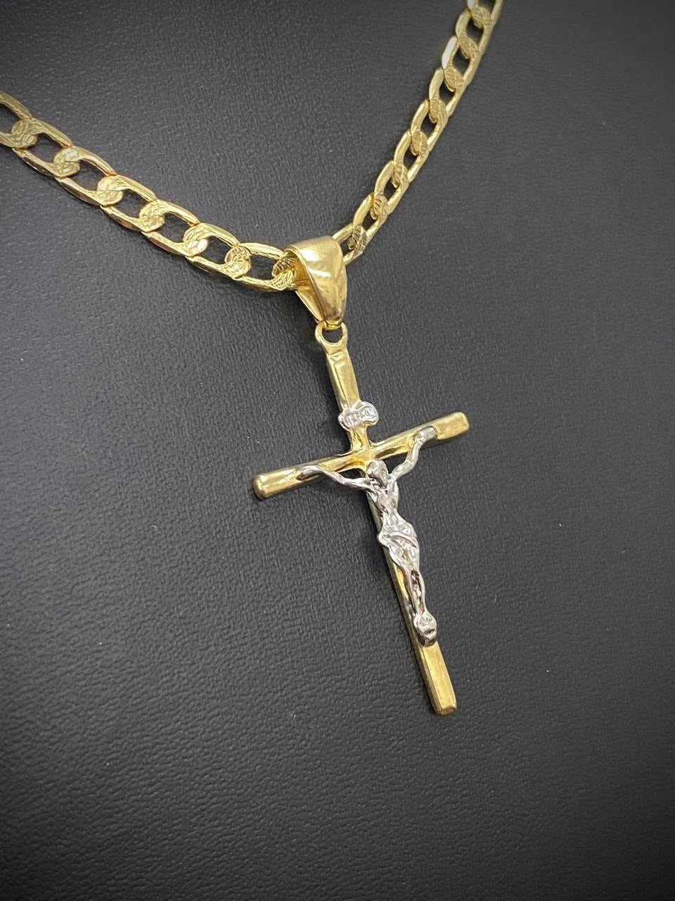 Big Cross Curb Chain Necklace 14K Pendant 24" Cadena de Cruz Jewelry Catholics For Mens