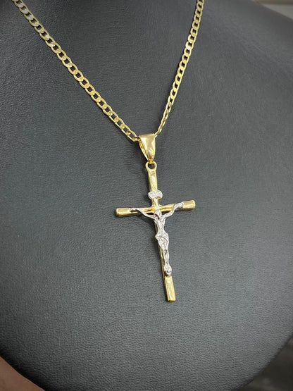 Jesus Necklace 14K Cross Two Tone Curb Chain 24" Gifts Religious Jewelry For Mens Adults