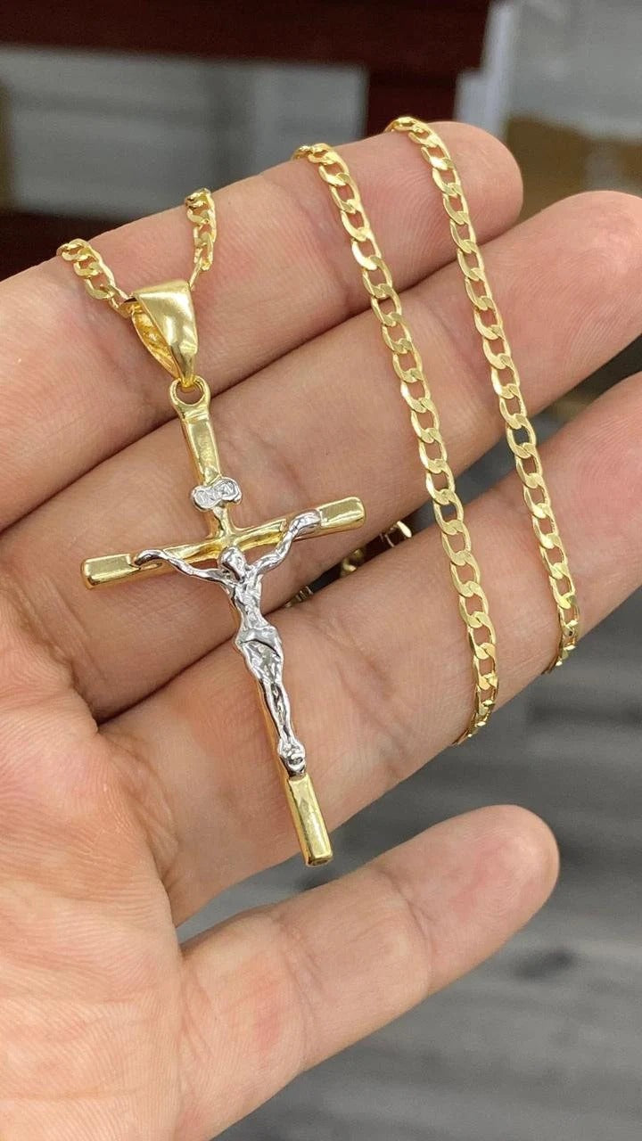 Jesus Necklace 14K Cross Two Tone Curb Chain 24" Gifts Religious Jewelry For Mens Adults