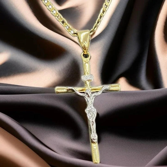 Jesus Necklace 14K Cross Two Tone Curb Chain 24" Gifts Religious Jewelry For Mens Adults