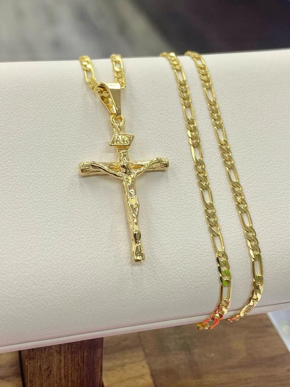 14K Yellow GF Rustic Cross Necklace Figaro Chain 24"  Catholics Crucifix Jewelry Gifts For Mens Boys