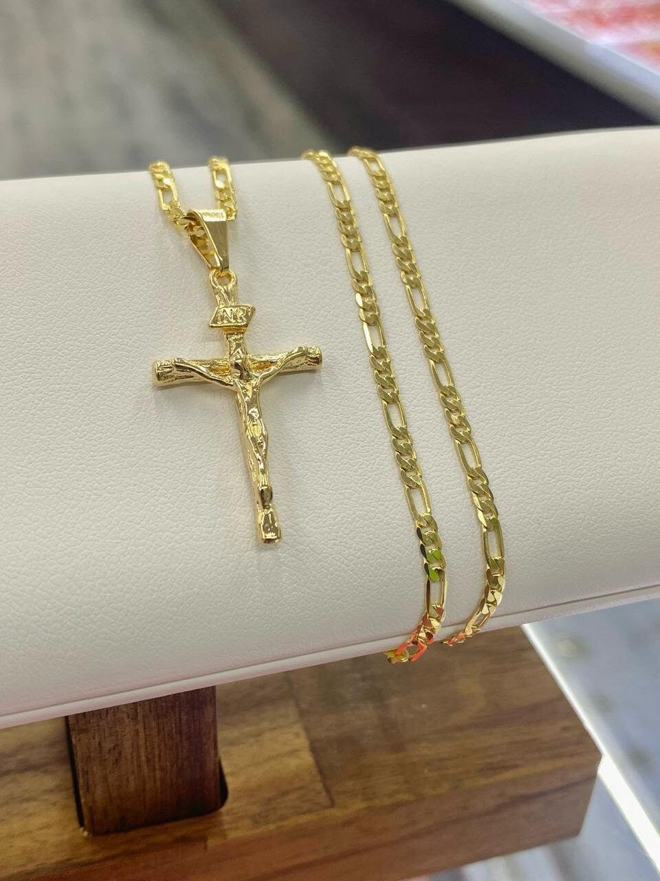 14K Yellow GF Rustic Cross Necklace Figaro Chain 24"  Catholics Crucifix Jewelry Gifts For Mens Boys