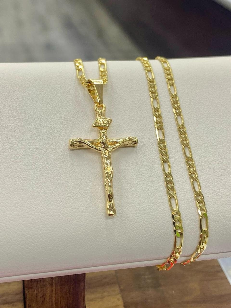 14K Yellow GF Rustic Cross Necklace Figaro Chain 24"  Catholics Crucifix Jewelry Gifts For Mens Boys