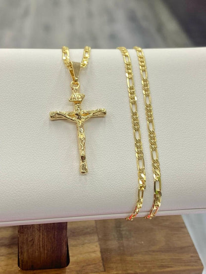 14K Yellow GF Rustic Cross Necklace Figaro Chain 24"  Catholics Crucifix Jewelry Gifts For Mens Boys