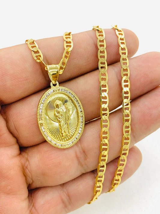 San Judas Necklace 14K Mariner Chain Pendant GF Gifts Religious For Adults Elegance