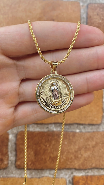 Virgen De Guadalupe Pendant CZ Necklace 17.5" Gifts For Womens Girls