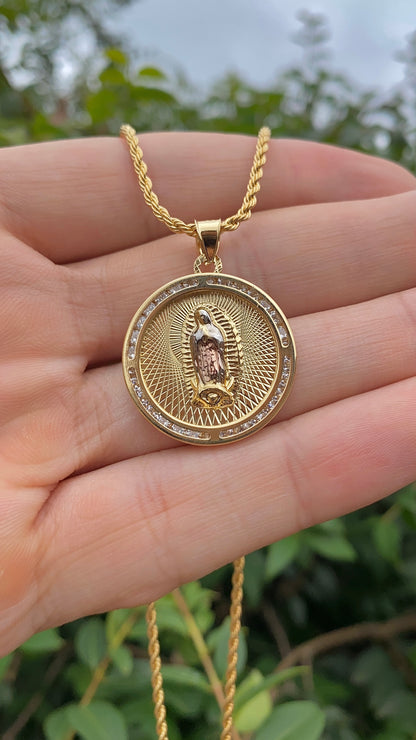 Virgen De Guadalupe Pendant CZ Necklace 17.5" Gifts For Womens Girls