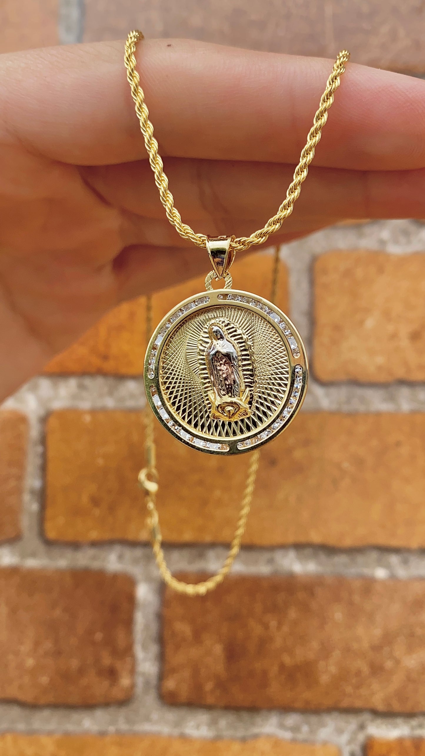 Virgen De Guadalupe Pendant CZ Necklace 17.5" Gifts For Womens Girls