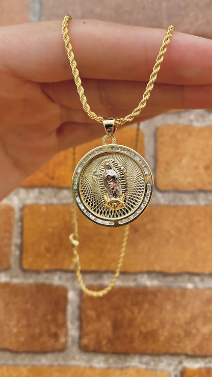 Virgen De Guadalupe Pendant CZ Necklace 17.5" Gifts For Womens Girls