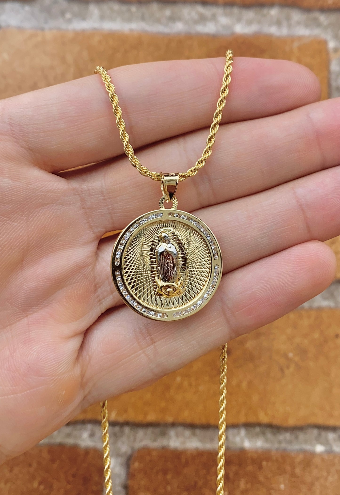 Virgen De Guadalupe Pendant CZ Necklace 17.5" Gifts For Womens Girls