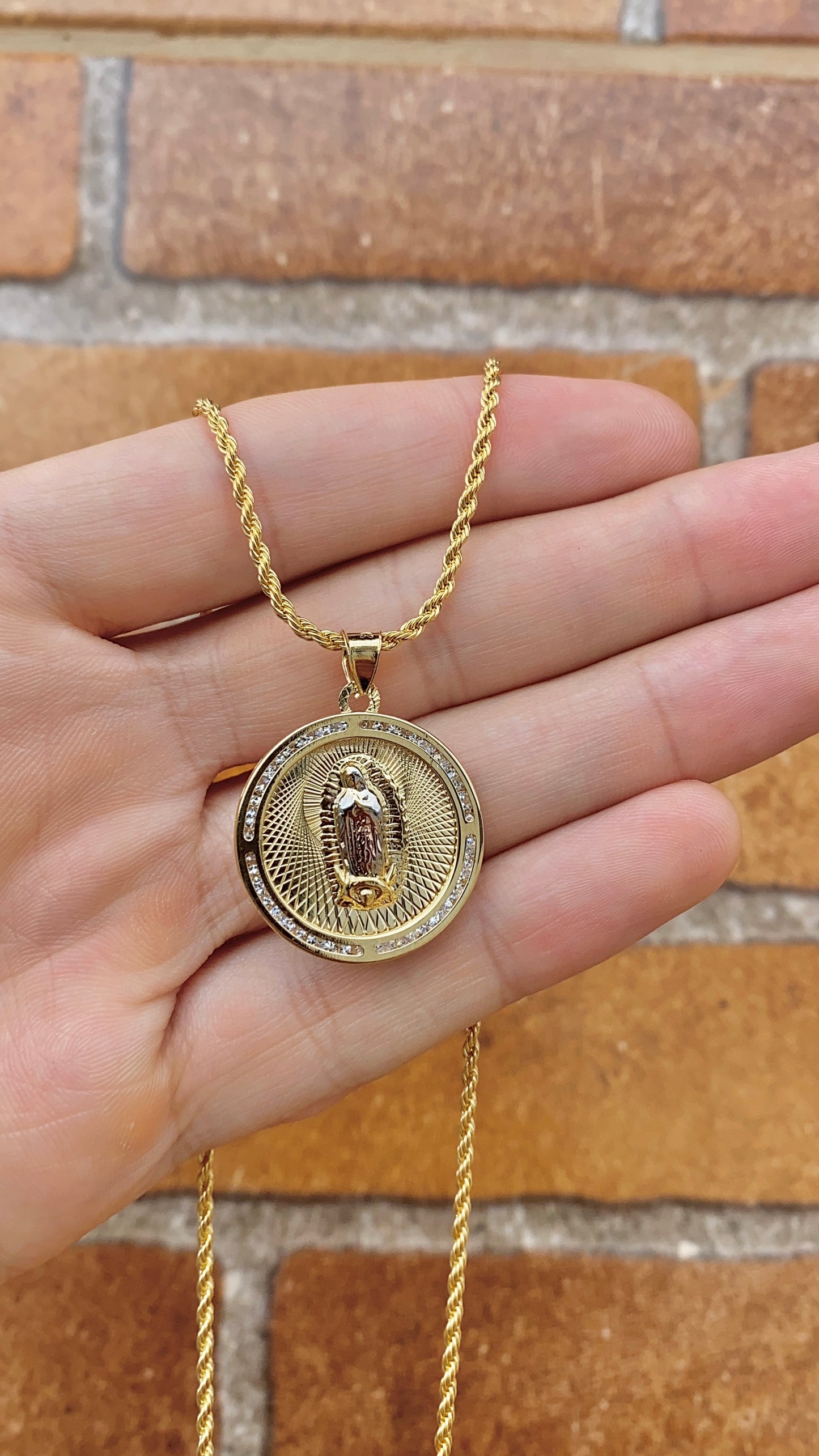 Virgen De Guadalupe Pendant CZ Necklace 17.5" Gifts For Womens Girls