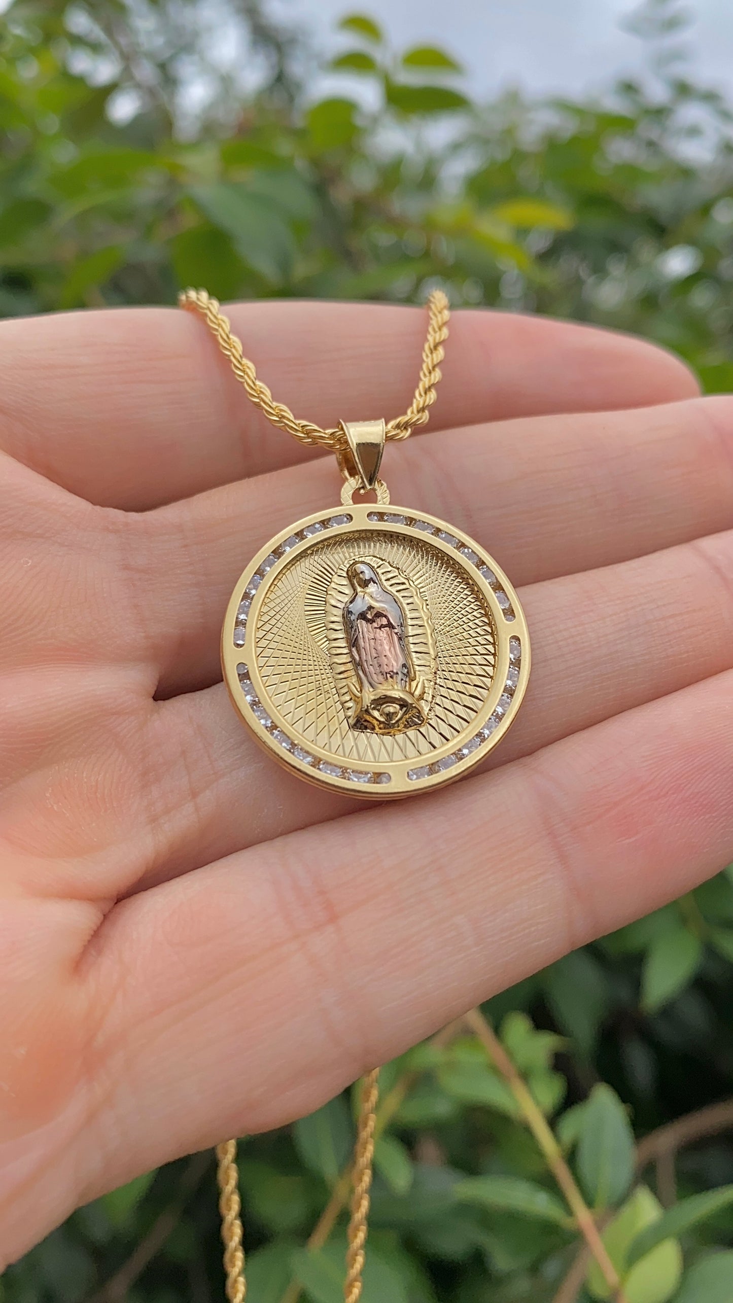 Virgen De Guadalupe Pendant CZ Necklace 17.5" Gifts For Womens Girls