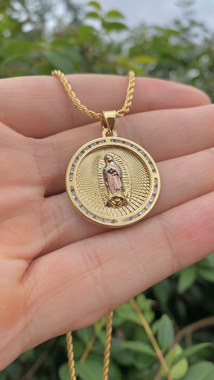 Virgen De Guadalupe Pendant CZ Necklace 17.5" Gifts For Womens Girls