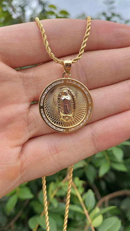 Virgen De Guadalupe Pendant CZ Necklace 17.5" Gifts For Womens Girls