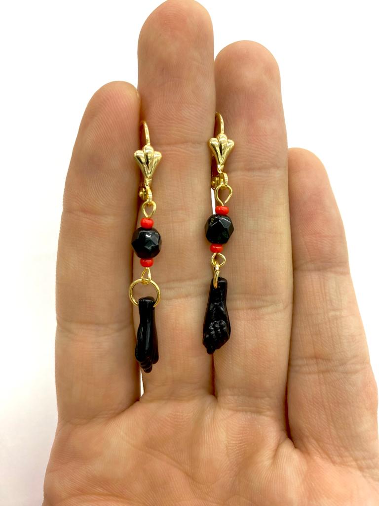 14K Gold Filled Azabache Hand Earrings Lever Back Protection Lucky Womens Girls Dangle Jewelry