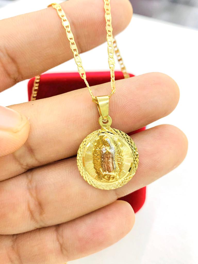 14K Gold Filled Virgen de Guadalupe Necklace Diamond Cut Womens Jewelry 20" Fancy Charm