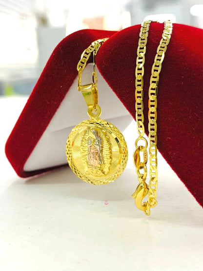 14K Gold Filled Virgen de Guadalupe Necklace Mariner Chain Round Medal Womens Baby 23x19