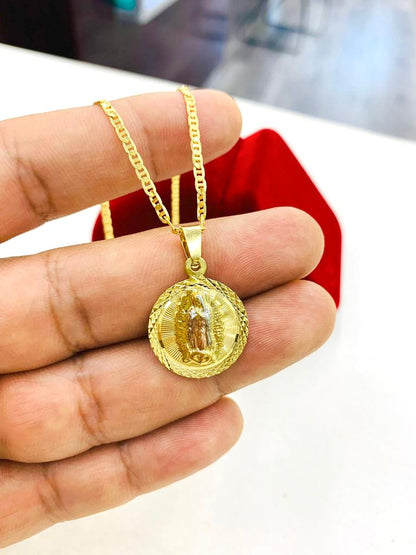 14K Gold Filled Virgen de Guadalupe Necklace Mariner Chain Round Medal Womens Baby 23x19