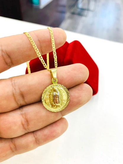 14K Gold Filled Virgen de Guadalupe Necklace Mariner Chain Round Medal Womens Baby 23x19