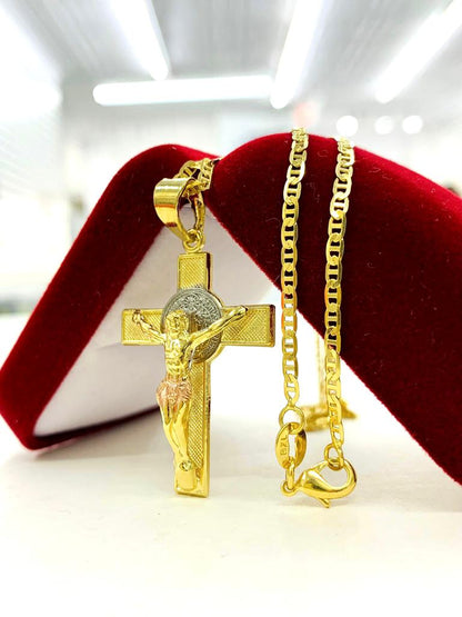 14K Gold Filled Jesus Cross Necklace Pendant Mariner Chain Saint Benedict Cross Charm