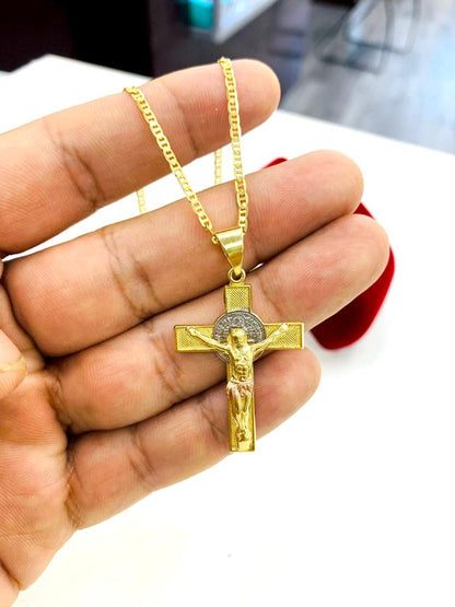 14K Gold Filled Jesus Cross Necklace Pendant Mariner Chain Saint Benedict Cross Charm